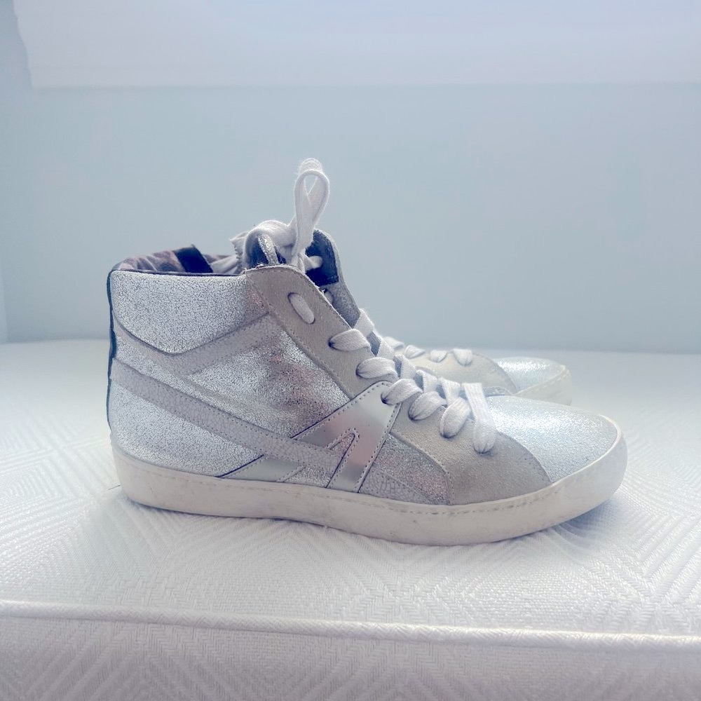 Meline Women’s Italian High Top Lace Up Stylish Sneakers Leather Upper Silver
